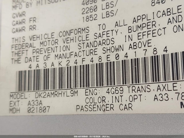 2008 MITSUBISHI ECLIPSE 4A3AK24F48E041784 Photo 8