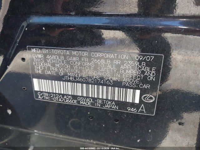 44150963 :رقم المزاد ، JTHBJ46G782174163 vin ، 2008 Lexus Es 350 مزاد بيع