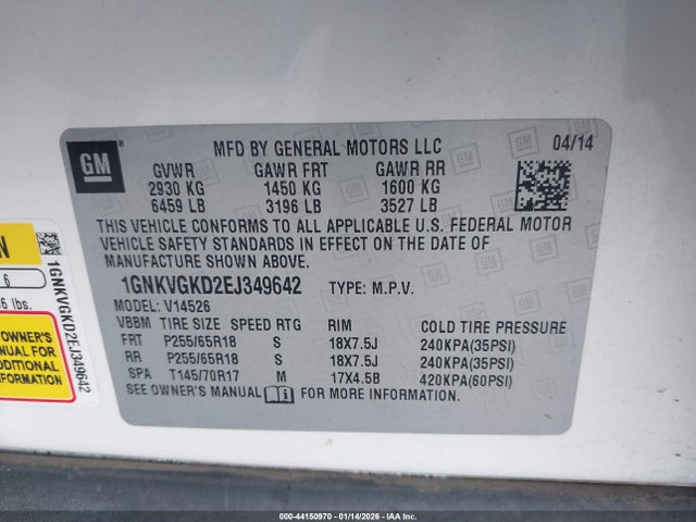 1GNKVGKD2EJ349642 Chevrolet Traverse 1lt
