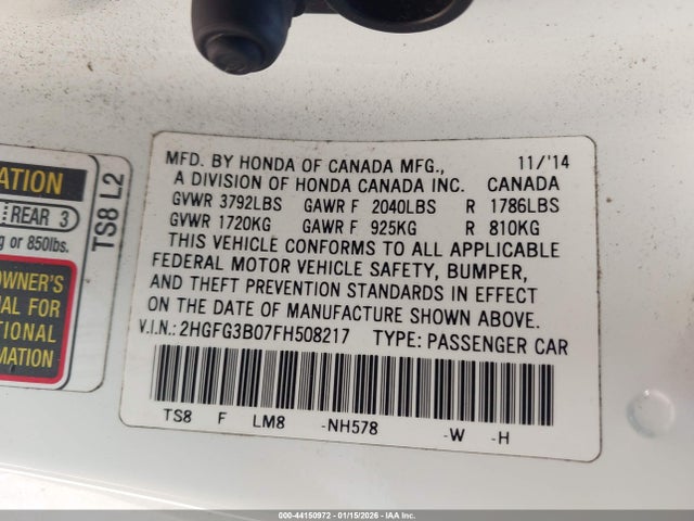Honda Civic Ex-l 2015 2HGFG3B07FH508217 Image 9