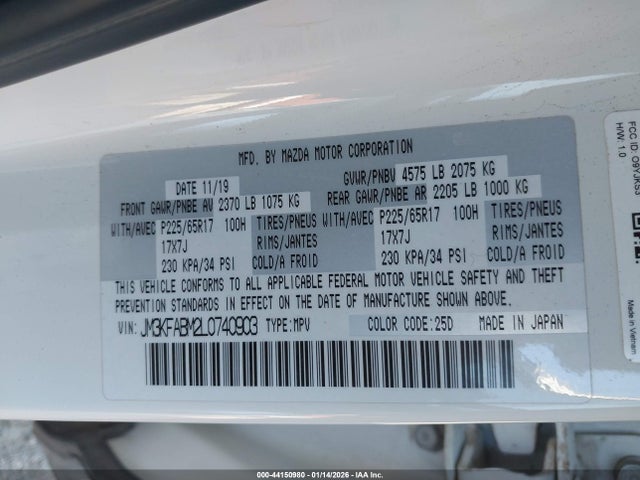 Aukcja sprzedaży 2020 Mazda Cx-5 Sport, vin: JM3KFABM2L0740903, numer aukcji: 44150980