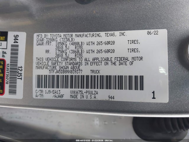 5TFJA5DB8NX039377 Toyota Tundra Limited