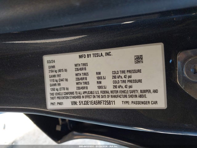 Продажа на аукционе авто 2024 Tesla Model 3 Long Range Dual Motor All-wheel Drive/rear-wheel Drive, vin: 5YJ3E1EA5RF725811, номер лота: 44151031