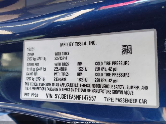 2022 TESLA MODEL 3 5YJ3E1EA5NF147557 Photo 8