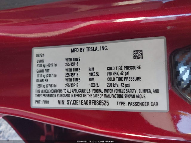 Aukcja sprzedaży 2024 Tesla Model 3 Long Range Dual Motor All-wheel Drive/rear-wheel Drive, vin: 5YJ3E1EA0RF836525, numer aukcji: 44151172