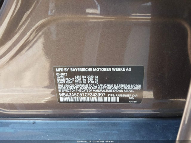 44151173 :رقم المزاد ، WBA3A5C57CF343997 vin ، 2012 Bmw 328i مزاد بيع