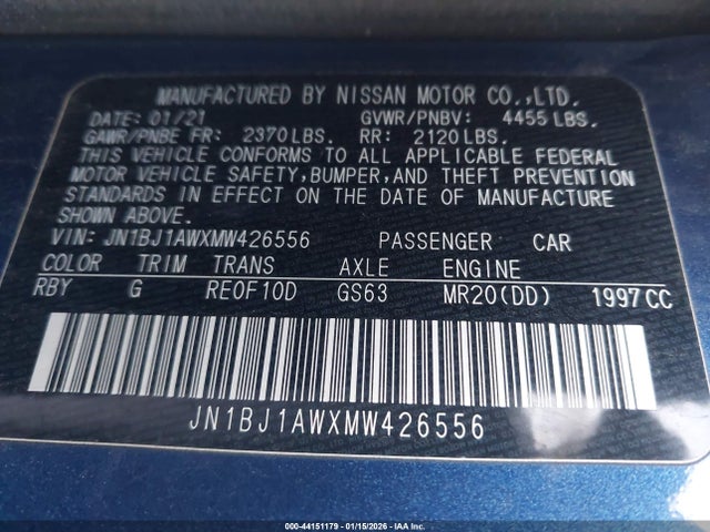 44151179 :رقم المزاد ، JN1BJ1AWXMW426556 vin ، 2021 Nissan Rogue Sport S Awd Xtronic Cvt مزاد بيع