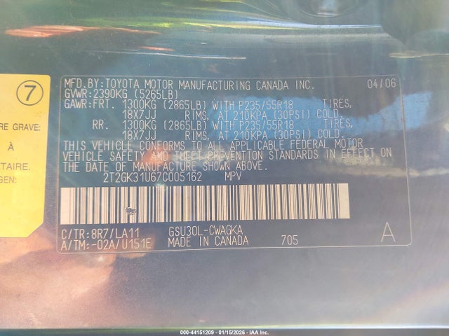 Aukcja sprzedaży 2007 Lexus Rx 350, vin: 2T2GK31U67C005162, numer aukcji: 44151209