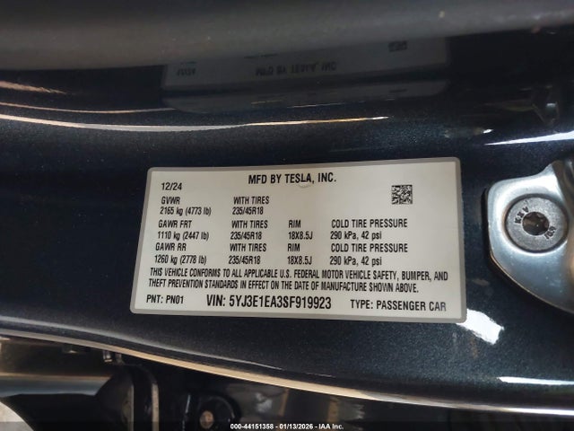5YJ3E1EA3SF919923 Tesla Model 3 Long Range Rear-wheel Drive/standard Rear-wheel Drive