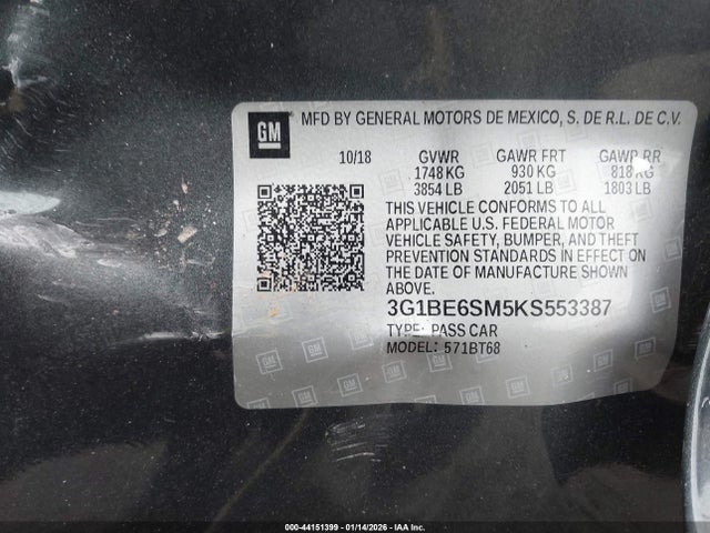3G1BE6SM5KS553387 Chevrolet CRUZE LT