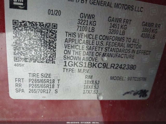44151410 :رقم المزاد ، 1GKS1BKC9LR242380 vin ، 2020 Gmc Yukon 2wd Slt مزاد بيع