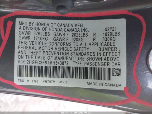 2021 HONDA CIVIC 2HGFC2F81MH543872 Photo 8