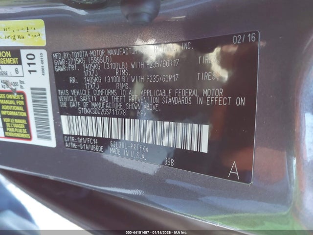 5TDKK3DC2GS711778 Toyota Sienna Le 8 Passenger