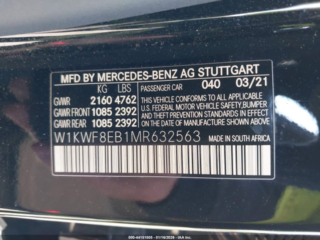 44151505 :رقم المزاد ، W1KWF8EB1MR632563 vin ، 2021 Mercedes-benz C 300 4matic مزاد بيع
