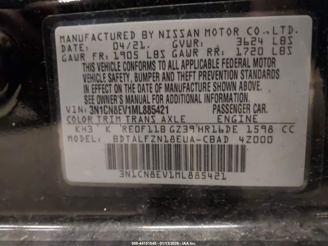 3N1CN8EV1ML885421 Nissan Versa Sv Xtronic Cvt