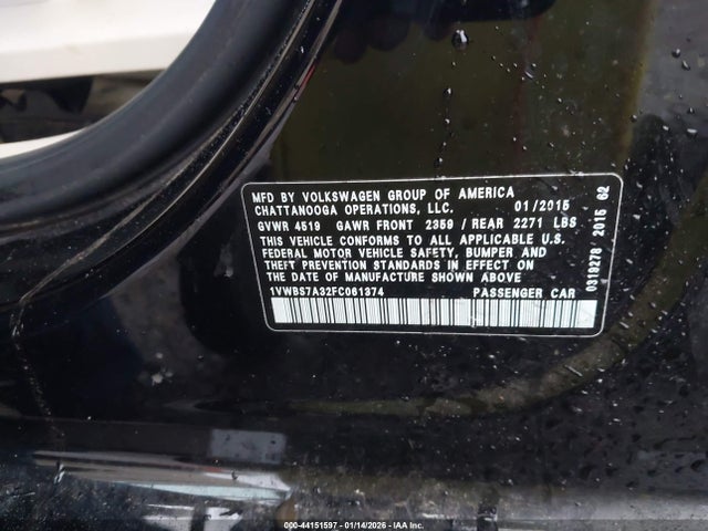 Aukcja sprzedaży 2015 Volkswagen Passat 1.8t Se, vin: 1VWBS7A32FC061374, numer aukcji: 44151597