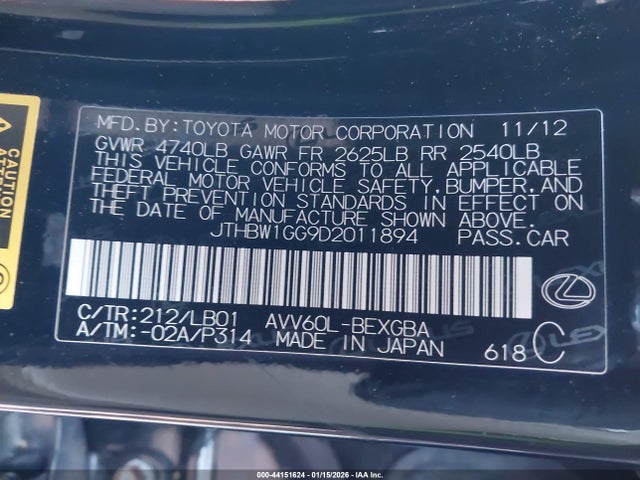 2013 LEXUS ES 300H JTHBW1GG9D2011894 Photo 8