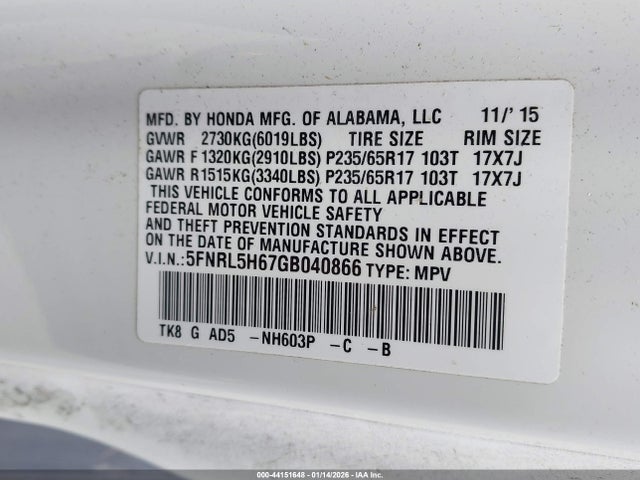 5FNRL5H67GB040866 Honda Odyssey Ex-l