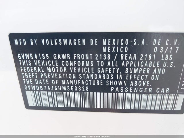 Продаж на аукціоні авто 2017 Volkswagen Jetta 1.4t Se, vin: 3VWDB7AJ6HM353828, номер лоту: 44151681