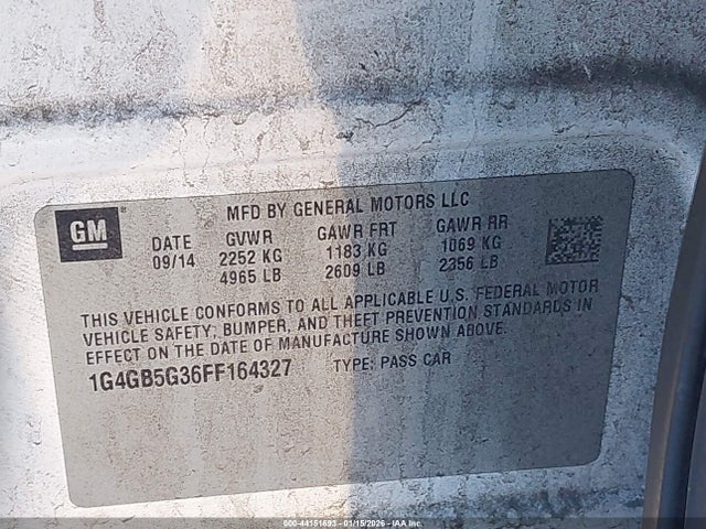 44151693 :رقم المزاد ، 1G4GB5G36FF164327 vin ، 2015 Buick Lacrosse Leather مزاد بيع