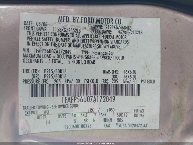 2007 FORD TAURUS 1FAFP56U07A172049 Photo 8