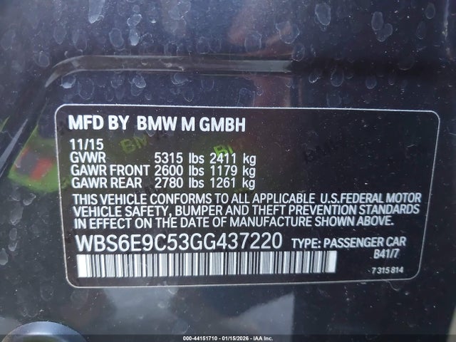 Aukcja sprzedaży 2016 Bmw M6 Gran Coupe, vin: WBS6E9C53GG437220, numer aukcji: 44151710