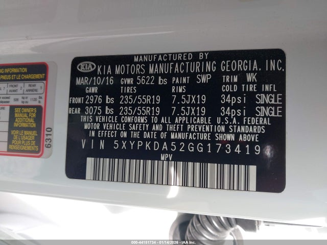 2016 Kia Sorento 3.3l Sx მანქანა იყიდება აუქციონზე, vin: 5XYPKDA52GG173419, აუქციონის ნომერი: 44151734