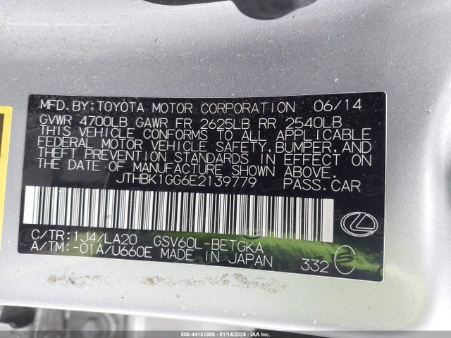 44151996 :رقم المزاد ، JTHBK1GG6E2139779 vin ، 2014 Lexus Es 350 مزاد بيع