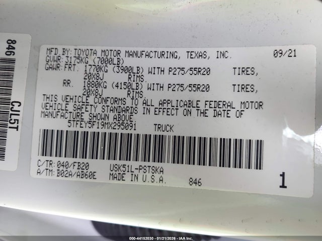 Toyota Tundra Sr5 2021 5TFEY5F19MX295091 Image 9