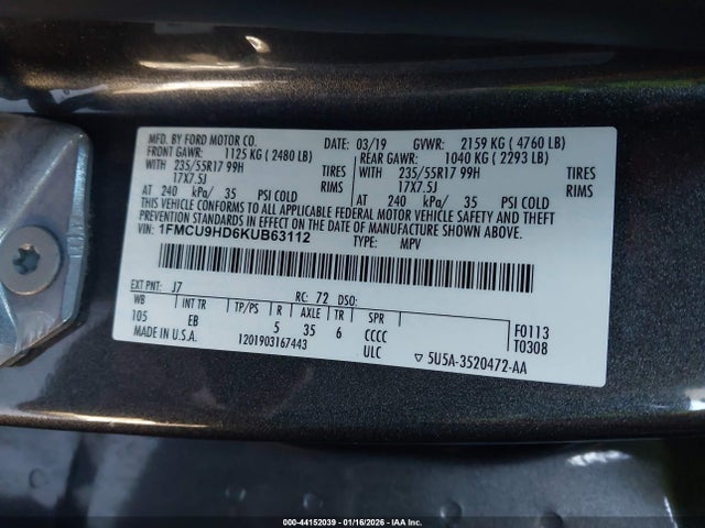 1FMCU9HD6KUB63112 Ford ESCAPE SEL