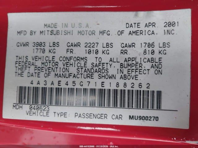 2001 MITSUBISHI ECLIPSE SPYDER 4A3AE45G71E188262 Photo 8