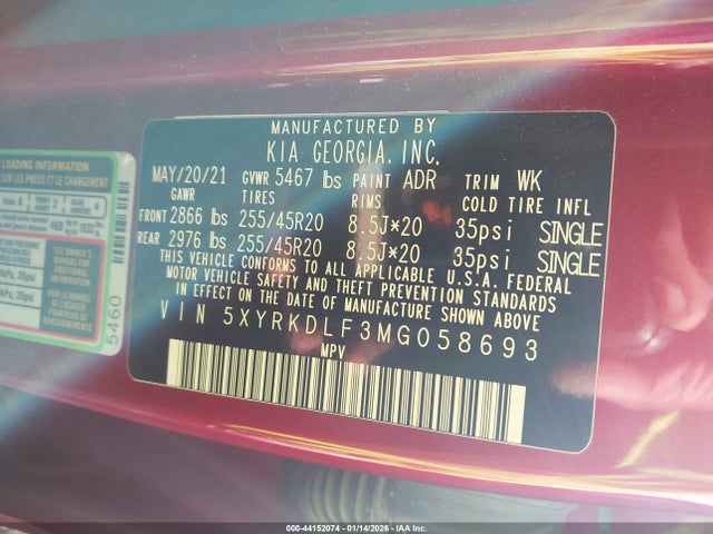 5XYRKDLF3MG058693 KIA SORENTO SX