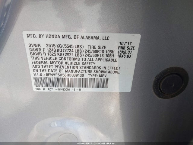 5FNYF5H53HB039130 Honda Pilot Ex-l