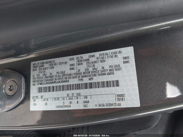 44152129 :رقم المزاد ، 1FMCU0GN9RUA39402 vin ، 2024 Ford Escape Active مزاد بيع