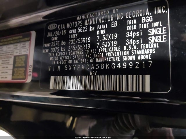 5XYPKDA58KG499217 KIA Sorento 3.3l Sx