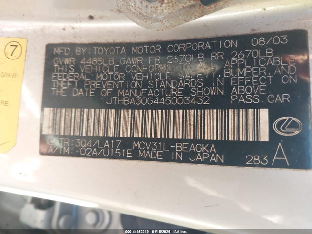 Aukcja sprzedaży 2004 Lexus Es 330, vin: JTHBA30G445003432, numer aukcji: 44152219