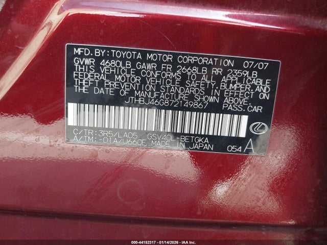 44152317 :رقم المزاد ، JTHBJ46G872149867 vin ، 2007 Lexus Es 350 مزاد بيع