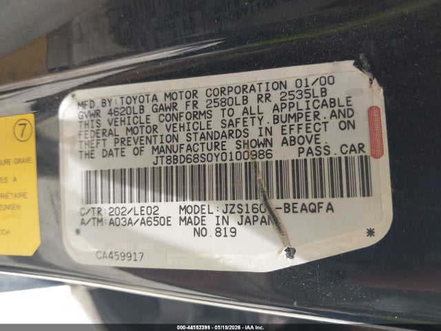 Aukcja sprzedaży 2000 Lexus Gs 300, vin: JT8BD68S0Y0100986, numer aukcji: 44152391