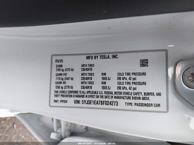 Aukcja sprzedaży 2025 Tesla Model 3 Long Range Rear-wheel Drive/standard Rear-wheel Drive, vin: 5YJ3E1EA7SF024273, numer aukcji: 44152477