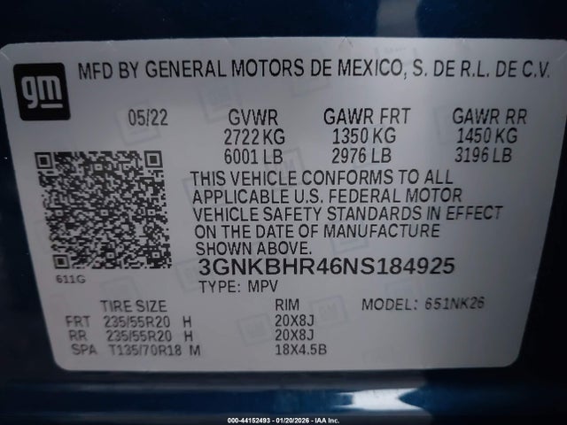 3GNKBHR46NS184925 Chevrolet Blazer Awd 2lt