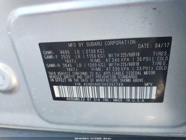 4S4BSANCXH3397749 Subaru Outback 2.5i Limited