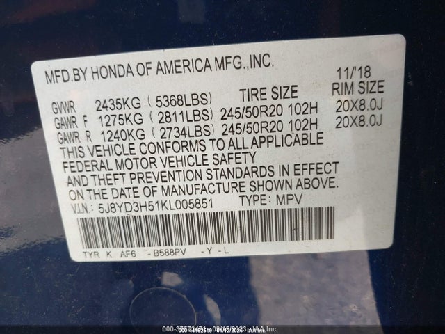 Продажа на аукционе авто 2019 Acura Mdx Tech Pkg, vin: 5J8YD3H51KL005851, номер лота: 44152519