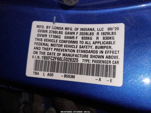 Honda Civic Lx 2020 19XFC2F66LE028325 Image 9