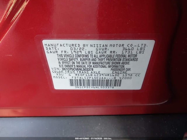 3N1CP5CV6NL503378 Nissan Kicks Sv Xtronic Cvt