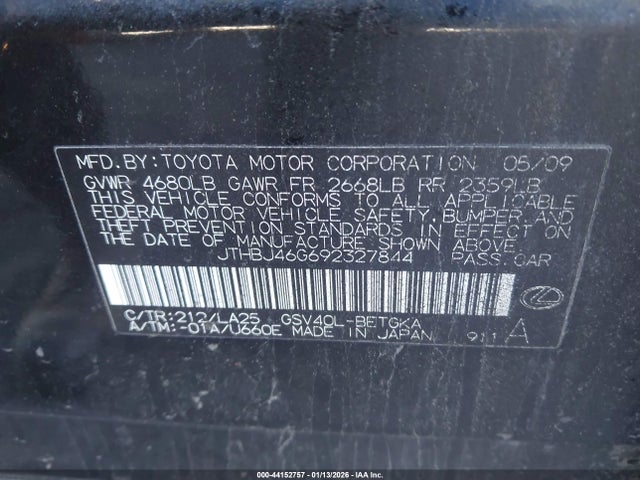 Продажа на аукционе авто 2009 Lexus Es 350, vin: JTHBJ46G692327844, номер лота: 44152757