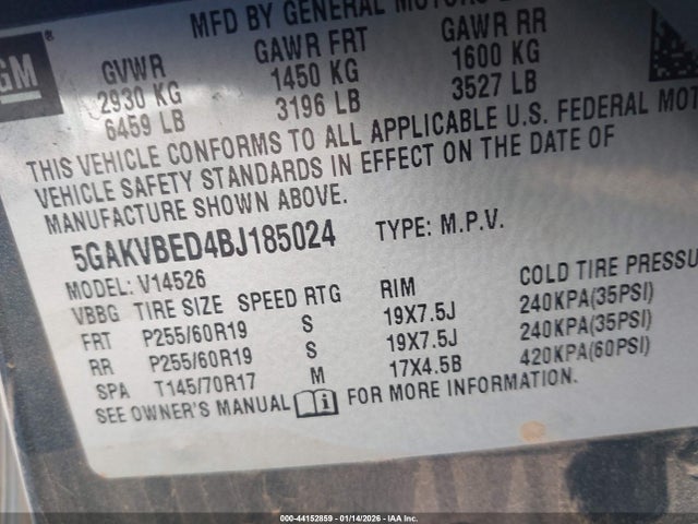 Aukcja sprzedaży 2011 Buick Enclave 1xl, vin: 5GAKVBED4BJ185024, numer aukcji: 44152859