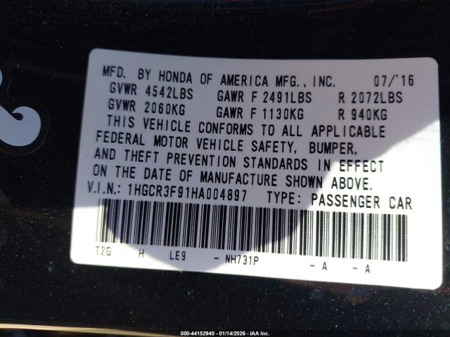 1HGCR3F91HA004897 Honda Accord Touring V6