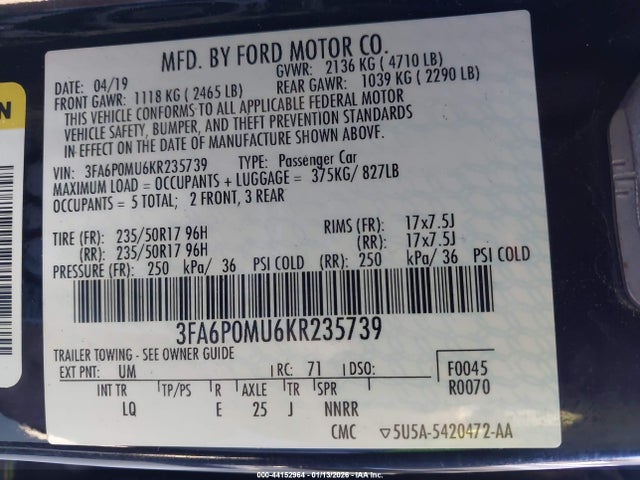2019 FORD FUSION HYBRID 3FA6P0MU6KR235739 Photo 8