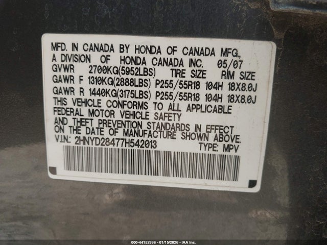 Aukcja sprzedaży 2007 Acura Mdx Technology Package, vin: 2HNYD28477H542013, numer aukcji: 44152996
