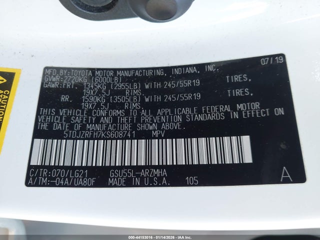 Aukcja sprzedaży 2019 Toyota Highlander Se, vin: 5TDJZRFH7KS608741, numer aukcji: 44153016
